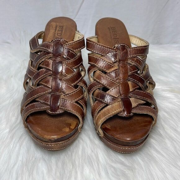 Bed Stu Gina II Multi-Tonal Brown Leather Strappy Wedge Clog  Mules Sz 7 - Picture 2 of 8